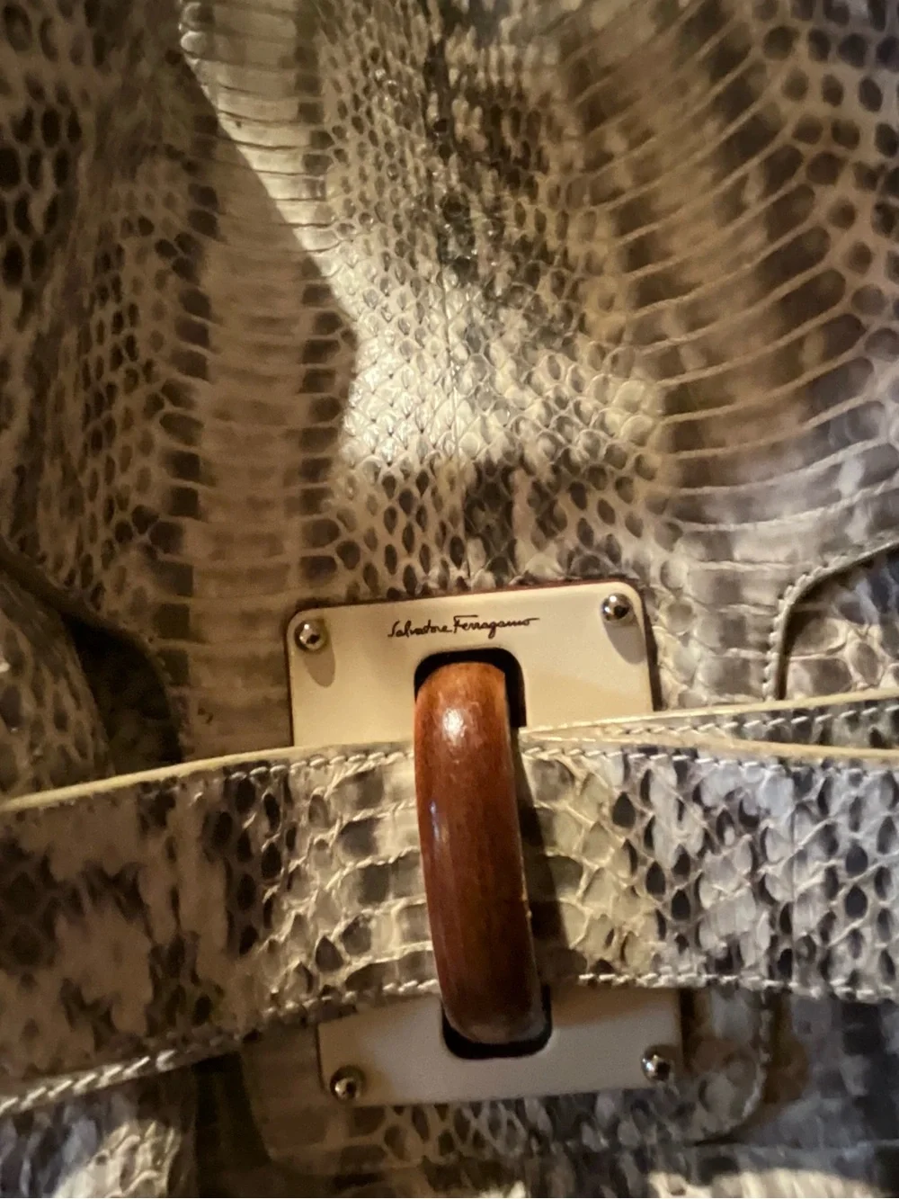 Salvatore Ferragamo Cream and Brown 100% real snake skin Shoulder Bag
